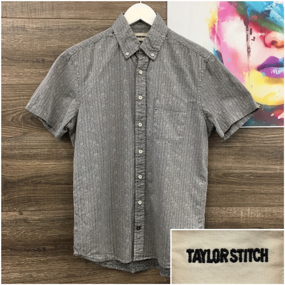 Taylor Stitch Mens‎ Grey Geometric Textured Organic Cotton Short Sleeve Shirt 38